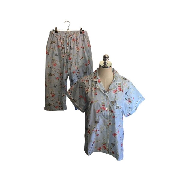 Ella Simone PJ Set Women's Size Medium Blue Red Floral Short Sleeve Top & Pants - Picture 1 of 11